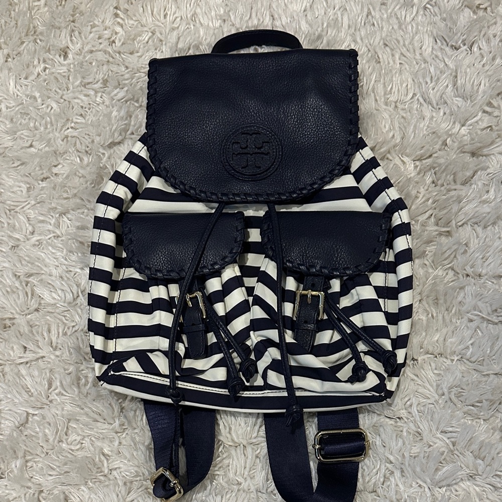 Tory Burch Navy and White Striped Drawstring Backpack